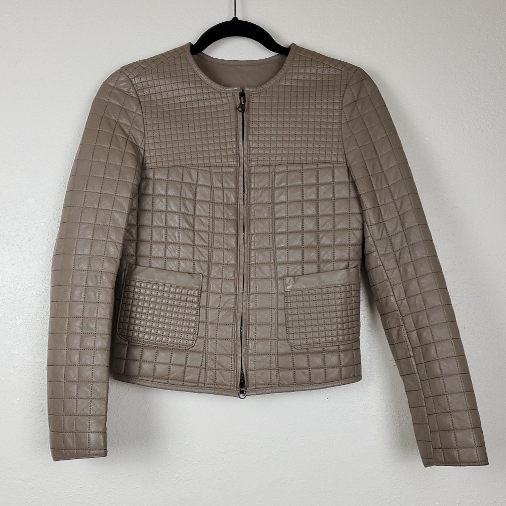 Quilted Tan Leather Moto Jacket Size M